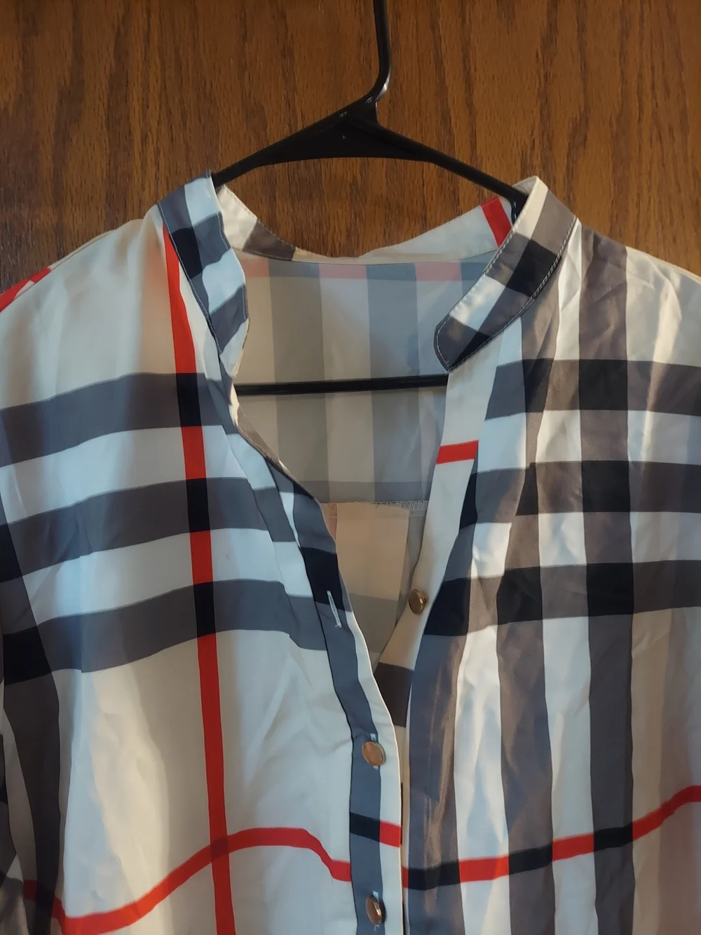 Classic Plaid V-Neck Tunic Top Roll Tab Sleeves White Grey Red 4XL